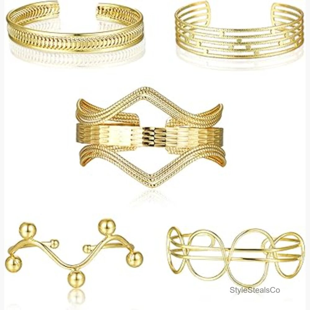 5 Piece Stackable Chunky Cuff Bracelet Set 14k Go… - image 1